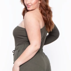 Curvy Sense Plus Size Essential Ribbed Asymmetric Bodysuit - Olive