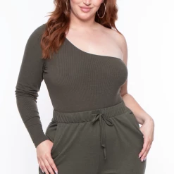 Curvy Sense Plus Size Essential Ribbed Asymmetric Bodysuit - Olive