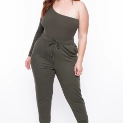 Curvy Sense Plus Size Essential Ribbed Asymmetric Bodysuit - Olive