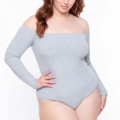 Curvy Sense Essential Mix Plus Size Essential Ribbed Off The Shoulder Bodysuit - Heather Grey