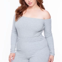 Curvy Sense Essential Mix Plus Size Essential Ribbed Off The Shoulder Bodysuit - Heather Grey