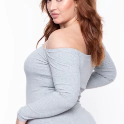 Curvy Sense Essential Mix Plus Size Essential Ribbed Off The Shoulder Bodysuit - Heather Grey