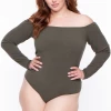 Curvy Sense Plus Size Essential Ribbed Off The Shoulder Bodysuit - Olive Essential Mix