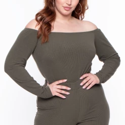 Curvy Sense Plus Size Essential Ribbed Off The Shoulder Bodysuit - Olive Essential Mix