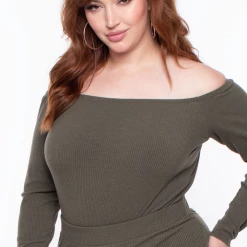 Curvy Sense Plus Size Essential Ribbed Off The Shoulder Bodysuit - Olive Essential Mix 10 Curvy Sense Plus Size Essential Ribbed Off The Shoulder Bodysuit - Olive Essential Mix