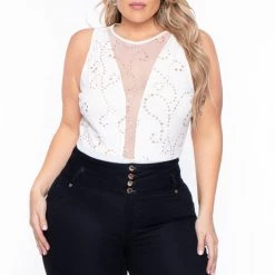 Curvy Sense Bodysuits Plus Size Gia Glitter Sleeveless Bodysuit- Ivory