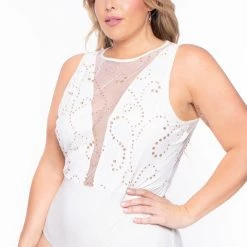 Curvy Sense Bodysuits Plus Size Gia Glitter Sleeveless Bodysuit- Ivory