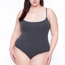 Curvy Sense Plus Size Jersey Girl Bodysuit - Charcoal Tops