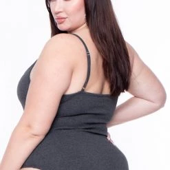 Curvy Sense Plus Size Jersey Girl Bodysuit - Charcoal Tops