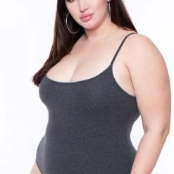 Curvy Sense Plus Size Jersey Girl Bodysuit - Charcoal Tops
