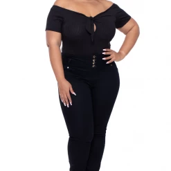 Curvy Sense Plus Size Leslie Tie Front Ribbed Bodysuit - Black Tops