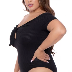 Curvy Sense Plus Size Leslie Tie Front Ribbed Bodysuit - Black Tops