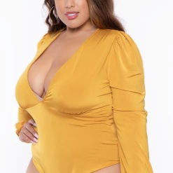 Curvy Sense Plus Size Lori Plunging Neck Knit Bodysuit - Mustard