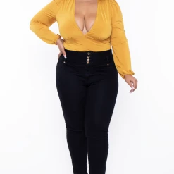 Curvy Sense Plus Size Lori Plunging Neck Knit Bodysuit - Mustard
