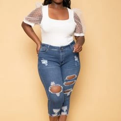 Curvy Sense Plus Size Organza Sleeves Bodysuit - White