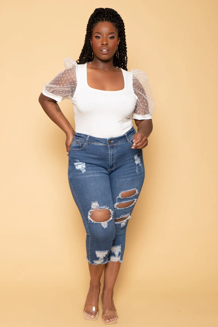 Curvy Sense Plus Size Organza Sleeves Bodysuit - White 3 Curvy Sense Plus Size Organza Sleeves Bodysuit - White