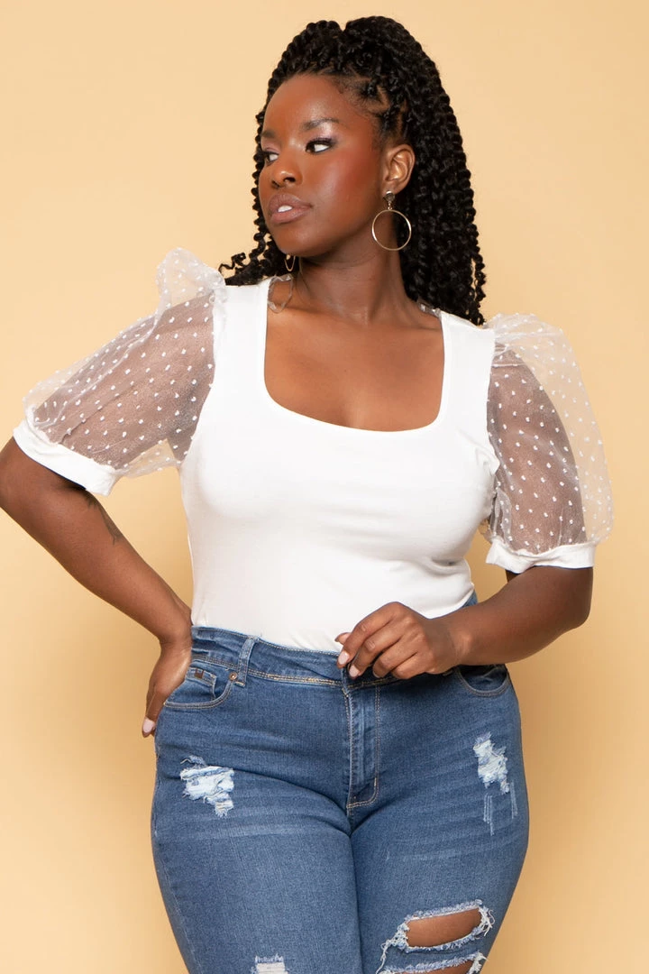 Curvy Sense Plus Size Organza Sleeves Bodysuit - White 4 Curvy Sense Plus Size Organza Sleeves Bodysuit - White