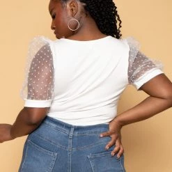 Curvy Sense Plus Size Organza Sleeves Bodysuit - White 8 Curvy Sense Plus Size Organza Sleeves Bodysuit - White