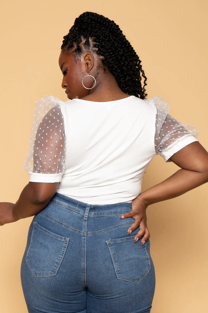 Curvy Sense Plus Size Organza Sleeves Bodysuit - White 5 Curvy Sense Plus Size Organza Sleeves Bodysuit - White