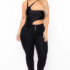 Curvy Sense Plus Size Sam Asymmetric Cut-Out Bodysuit - Black
