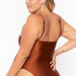 Curvy Sense Plus Size Sam Asymmetric Cut-Out Bodysuit - Camel Swimwear