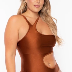 Curvy Sense Plus Size Sam Asymmetric Cut-Out Bodysuit - Camel Swimwear