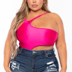Curvy Sense Swimwear Plus Size Sam Asymmetric Cut-Out Bodysuit - Fuchsia