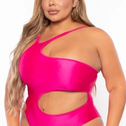 Curvy Sense Swimwear Plus Size Sam Asymmetric Cut-Out Bodysuit - Fuchsia