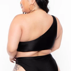 Curvy Sense Plus Size Sandra Asymmetric Cut-Out Bodysuit - Black Swimwear