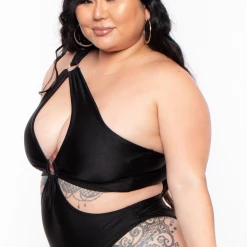 Curvy Sense Plus Size Sandra Asymmetric Cut-Out Bodysuit - Black Swimwear