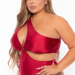 Curvy Sense Plus Size Sandra Asymmetric Cut-Out Bodysuit - Ruby Swimwear