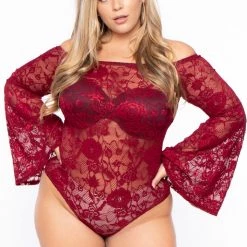 Curvy Sense Sale Plus Size Sia Floral Lace Bodysuit - Burgundy