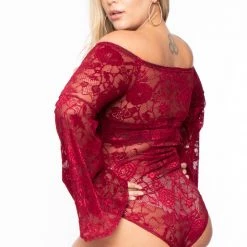 Curvy Sense Sale Plus Size Sia Floral Lace Bodysuit - Burgundy