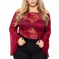 Curvy Sense Sale Plus Size Sia Floral Lace Bodysuit - Burgundy
