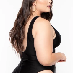 Curvy Sense Swimwear Plus Size Silvana Plunge Lace-up One-piece Bodysuit - Black