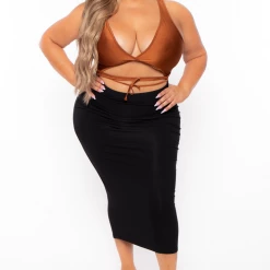 Curvy Sense Plus Size Silvana Plunge Lace-up One-piece Bodysuit - Camel