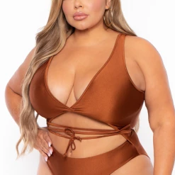 Curvy Sense Plus Size Silvana Plunge Lace-up One-piece Bodysuit - Camel