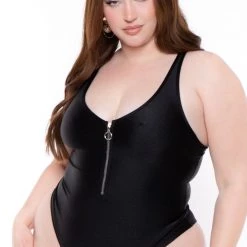 Curvy Sense Plus Size Silvia Exposed Zipper One-piece Bodysuit - Black Swimwear