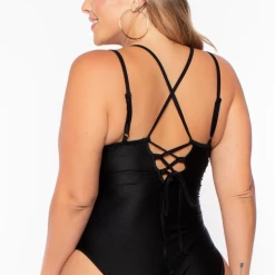Curvy Sense Plus Size Susan Lace-up One-piece Bodysuit - Black