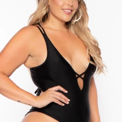Curvy Sense Plus Size Susan Lace-up One-piece Bodysuit - Black