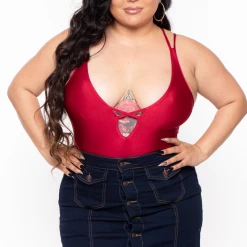 Curvy Sense Plus Size Susan Lace-up One-piece Bodysuit - Burgundy