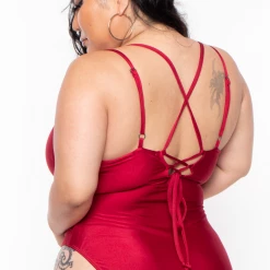 Curvy Sense Plus Size Susan Lace-up One-piece Bodysuit - Burgundy