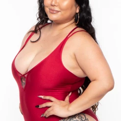 Curvy Sense Plus Size Susan Lace-up One-piece Bodysuit - Burgundy