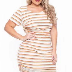 Curvy Sense Dresses Plus Size Striped Ribbed Side Ruched Bodycon Dress - Beige