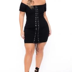 Curvy Sense Plus Size Aliz Grommet Bodycon Dress- Black New Arrivals