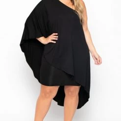 Curvy Sense Plus Size Asymmetric Draped Dress - Black