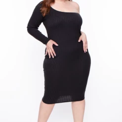 Curvy Sense Plus Size Asymmetric Ribbed Dress - Black Little Black Styles