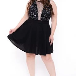 Curvy Sense Plus Size Daisy Sparkle Flare Dress- Black Little Black Styles
