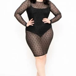 Curvy Sense Plus Size Dotted Mesh Bodycon Dress - Black Little Black Styles