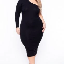 Curvy Sense Plus Size Ebony One Shoulder Dress - Black